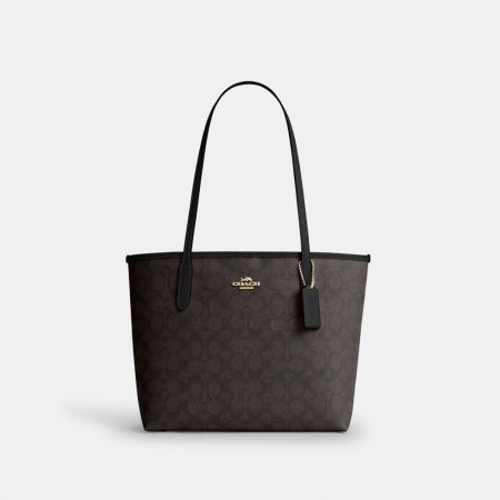 Coach Outlet Medium City Tote Bag In Signature Canvas - Preorder — Brass/Walnut/Black