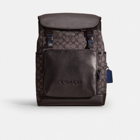 Coach Outlet Restored League Flap Backpack In Signature Jacquard - Preorder — Pewter/Charcoal/Black