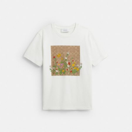 Coach Outlet Floral Signature Square Classic T-Shirt In Organic Cotton - Preorder — Vintage Ivory Multi