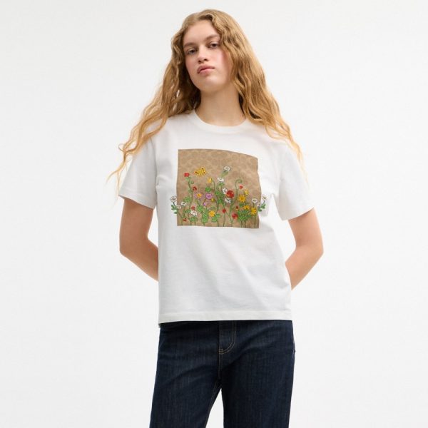 Coach Outlet Floral Signature Square Classic T-Shirt In Organic Cotton - Preorder