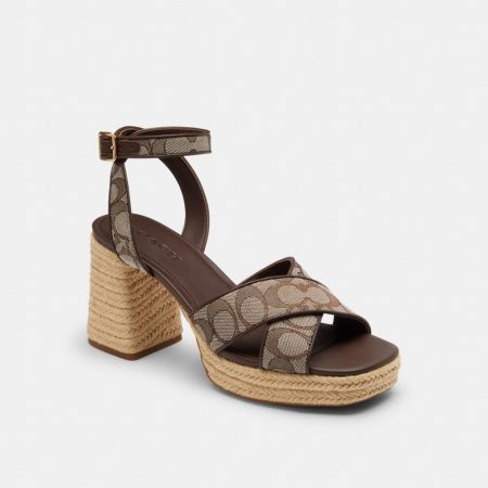Coach Outlet Block Heel Sandal In Signature Jacquard - Preorder — Oak/Maple