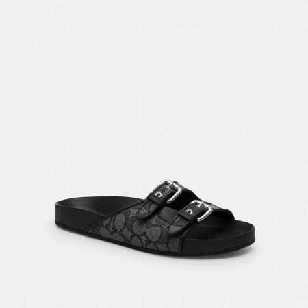 Coach Outlet Two Band Buckle Sandal In Signature Jacquard - Preorder — Charcoal/Black