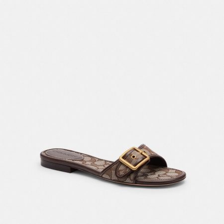 Coach Margot Flat Sandal In Signature Jacquard - Preorder — Oak/Maple