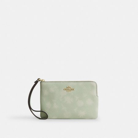 Coach Outlet Corner Zip Wristlet With Floral Print - Preorder — Brass/Pale Green