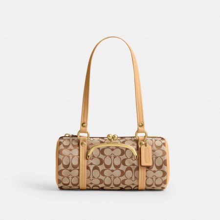 Coach Outlet Kisslock Barrel Bag 28 In Signature Jacquard - Preorder — Brass/Khaki Light Peach