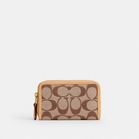 Coach Essential Small Zip Around Card Case In Signature Jacquard - Preorder — Brass/Khaki Light Peach