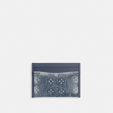 Coach Essential Card Case In Regenerative Cotton Denim With Crystal Signature - Preorder — Brass/Denim
