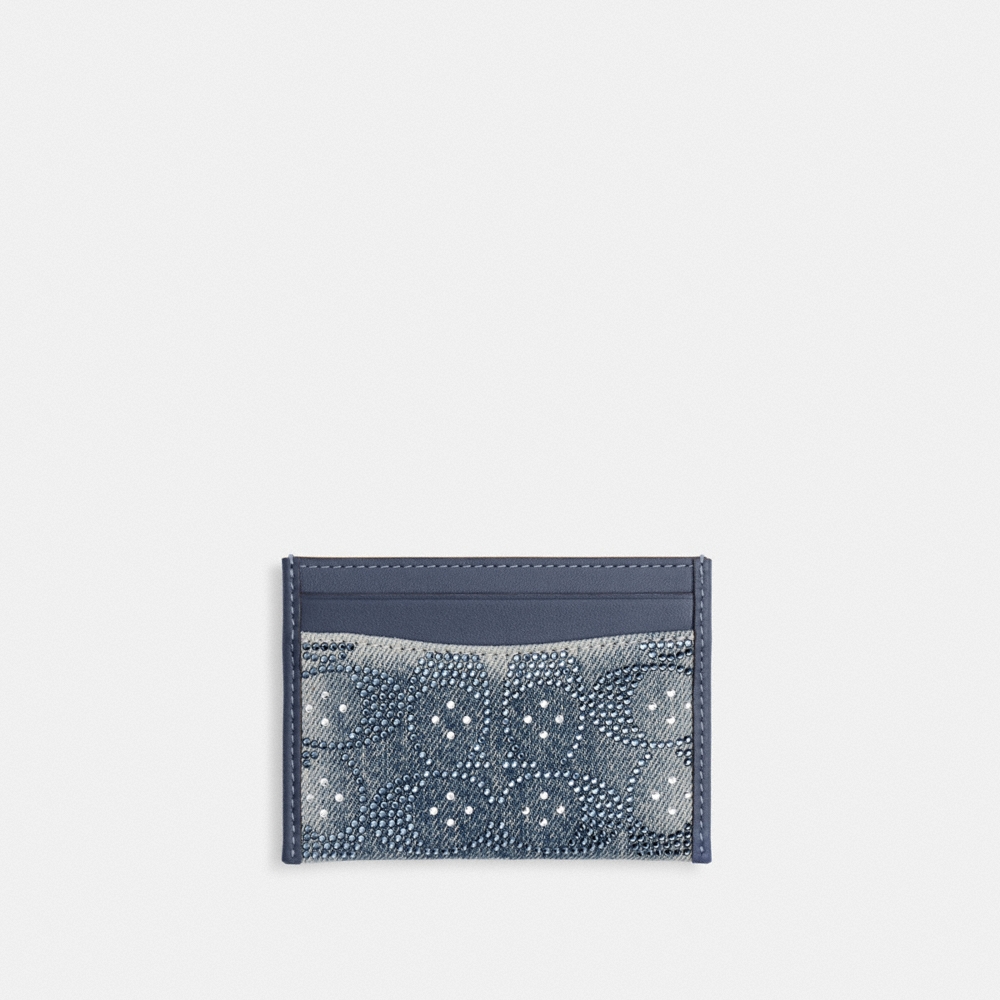 Coach Essential Card Case In Regenerative Cotton Denim With Crystal Signature - Preorder