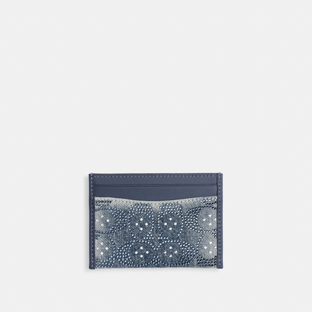 Coach Essential Card Case In Regenerative Cotton Denim With Crystal Signature - Preorder