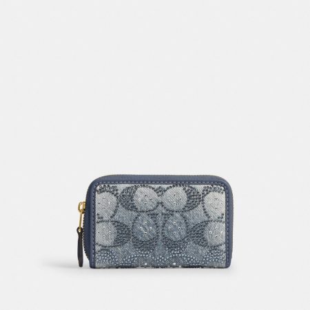 Coach Essential Small Zip Around Card Case In Regenerative Cotton Denim With Crystal Signature - Preorder — Brass/Denim
