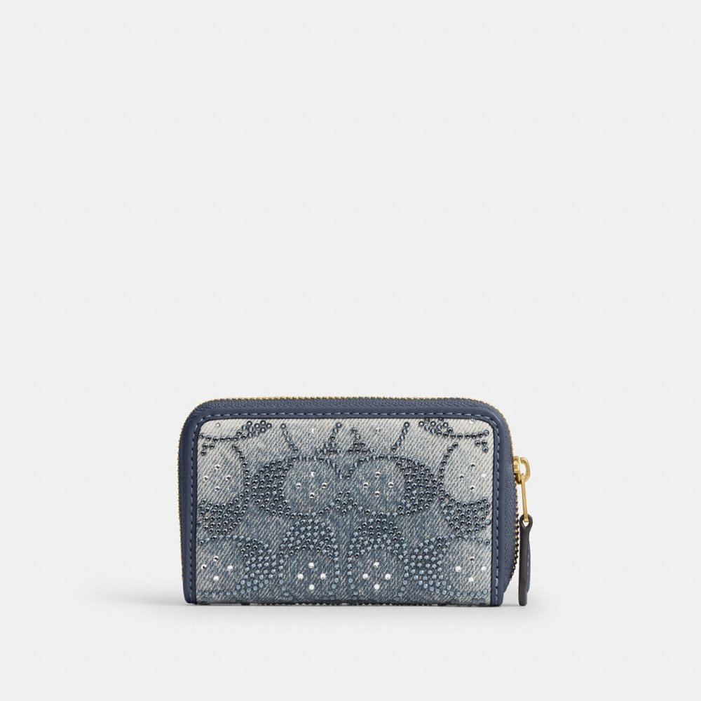 Coach Essential Small Zip Around Card Case In Regenerative Cotton Denim With Crystal Signature - Preorder