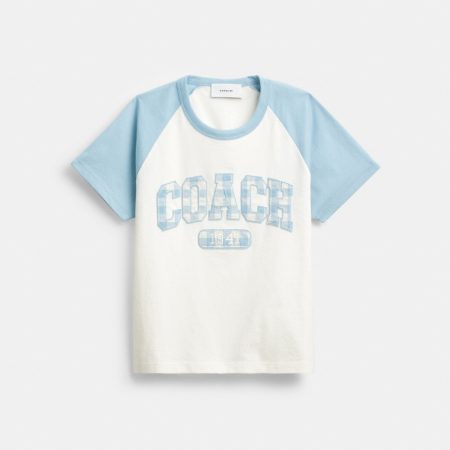 Coach Outlet Gingham Sporty Raglan T-Shirt In Organic Cotton - Preorder — Blue/White
