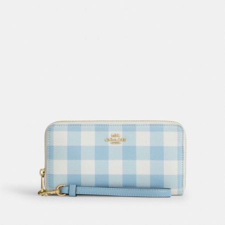 Coach Outlet Long Zip Around Wallet With Gingham Print - Preorder — Brass/Blue Multi