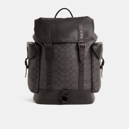 Coach Restored Hitch Backpack In Signature Canvas With Crocodile Detail - Preorder — Black Copper/Charcoal
