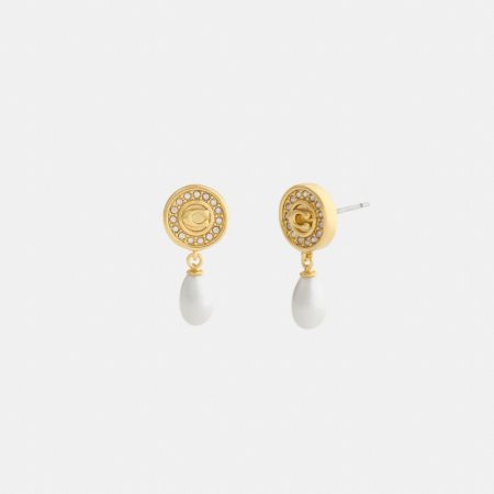 Coach Outlet Signature Pavé Coin Pearl Drop Earrings - Preorder — Brass/Pearl