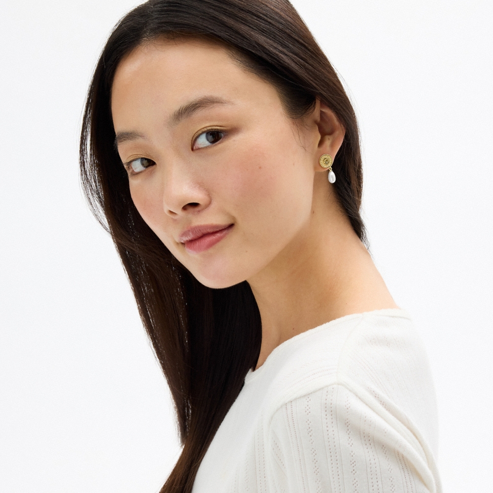 Coach Outlet Signature Pavé Coin Pearl Drop Earrings - Preorder