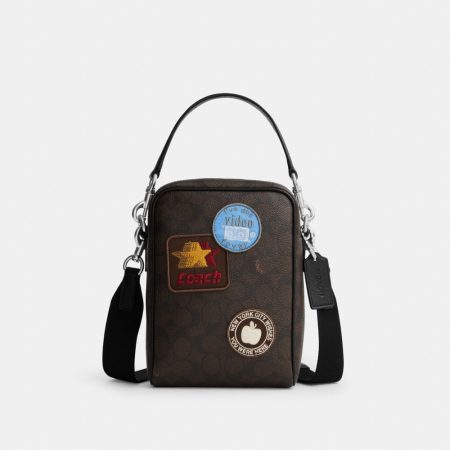 Coach Outlet Tristan Crossbody Bag 14 In Signature Canvas With Patches - Preorder — Silver/Walnut/Black