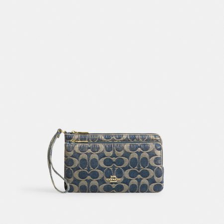Coach Outlet Double Zip Wristlet In Signature Regenerative Cotton Denim - Preorder — Brass/Denim