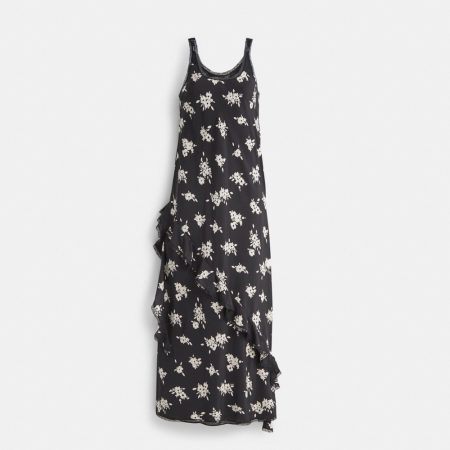 Coach Restored Long Floral Ruffle Dress - Preorder — Black/White Multi