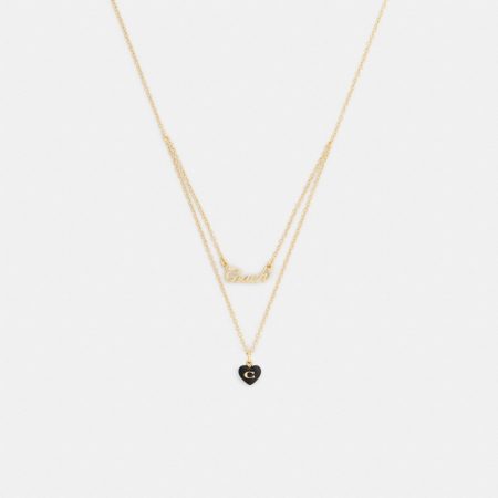 Coach Outlet Coach Script Resin Heart Layered Necklace - Preorder — Brass/Black