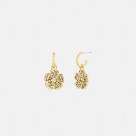 Coach Outlet Pavé Tea Rose Charm Huggie Earrings - Preorder — Brass/Clear