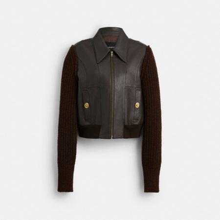 Coach Buy Now Knit Sleeve Leather Jacket - Preorder — Brown