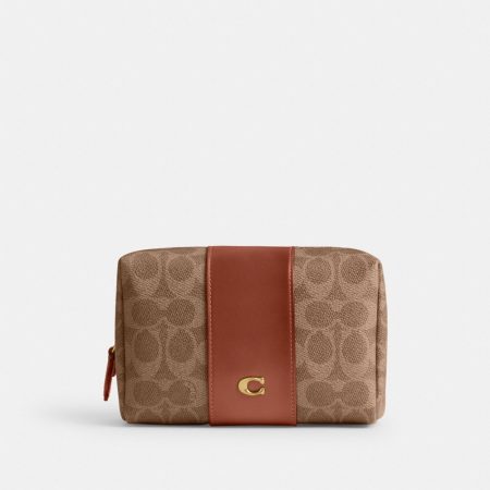 Coach Outlet Essential Cosmetic Pouch In Signature Canvas - Preorder — Brass/Tan Caramel