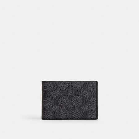 Coach Outlet Compact Billfold Wallet In Signature Canvas - Preorder — Charcoal/Black