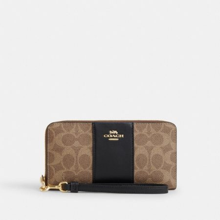 Coach Outlet Long Zip Around Wallet In Signature Canvas With Stripe - Preorder — Brass/Tan/Black