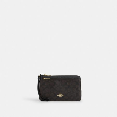 Coach Outlet Double Zip Wallet In Signature Canvas - Preorder — Brass/Walnut/Black