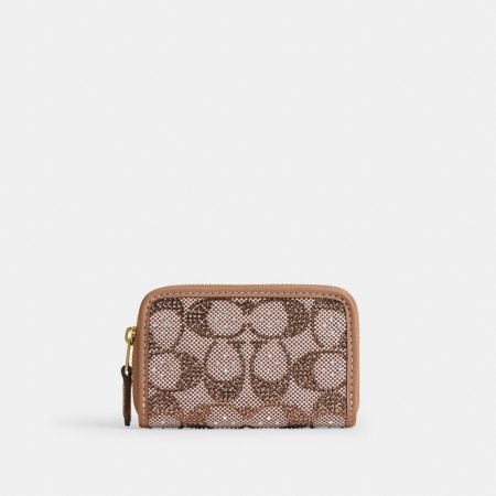 Coach Outlet Essential Small Zip Around Card Case In Crystal Signature Jacquard - Preorder — Brass/Mushroom