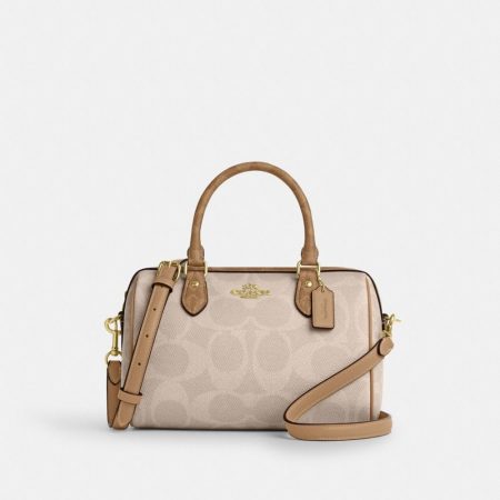Coach Outlet Rowan Satchel Bag In Blocked Signature Canvas - Preorder — Brass/Sand/Tan