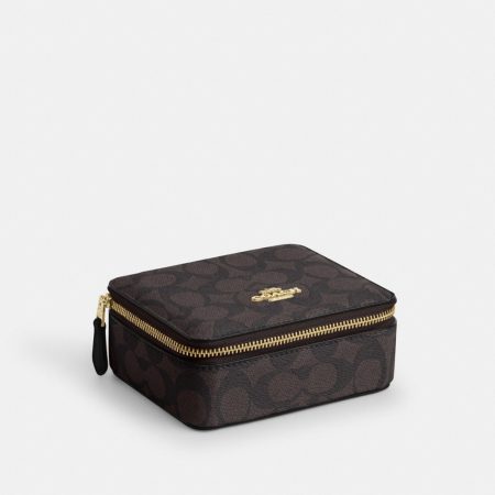 Coach Outlet Large Jewelry Box In Signature Canvas - Preorder — Brass/Walnut/Black