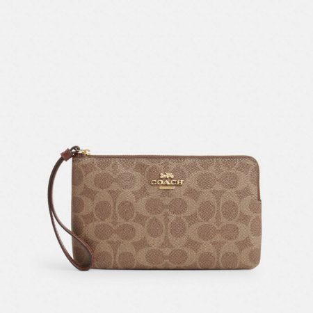 Coach Outlet Large Corner Zip Wristlet In Signature Canvas - Preorder — Brass/Tan/Brown
