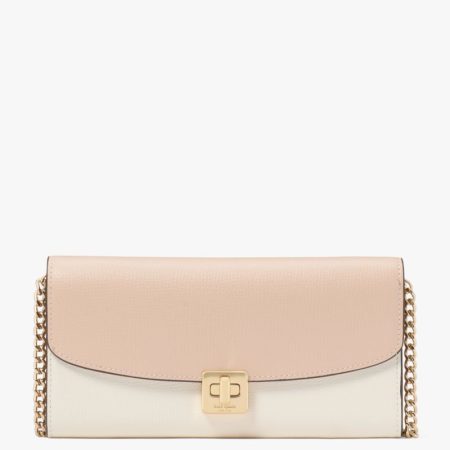 Kate Spade Outlet Phoebe Colorblock Refined Grain Leather Turnlock Wallet On A Chain - Preorder — Toasted Hazelnut Multi