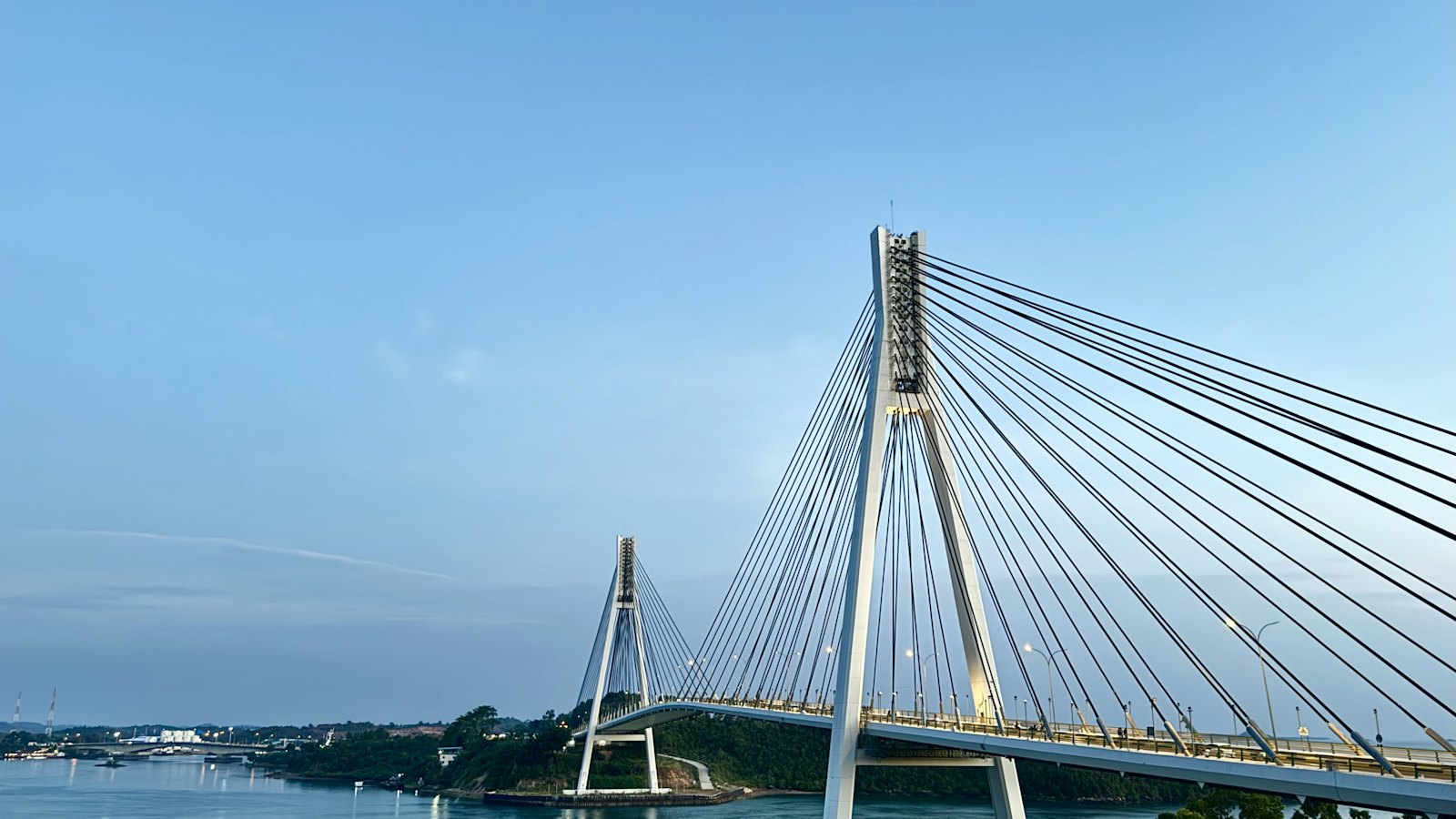 Barelang Bridge cable-stayed towers spanning the strait at dusk in Batam