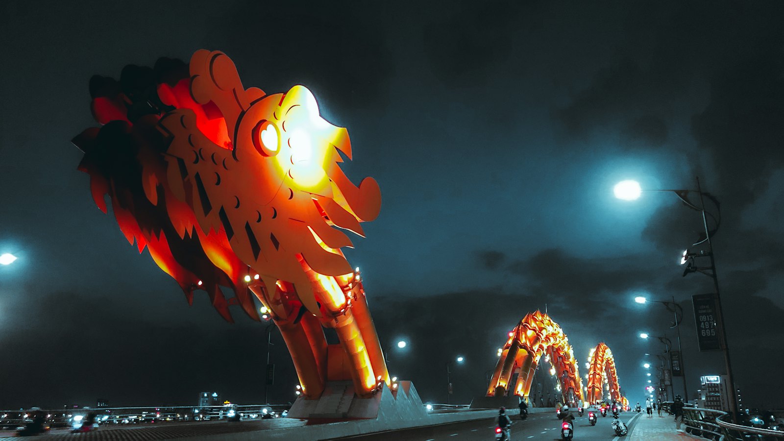 Dragon Bridge lit up at night, Da Nang