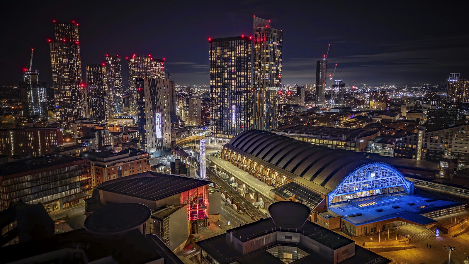 Manchester's illuminated skyline with Beetham Tower and Central Convention Complex at night