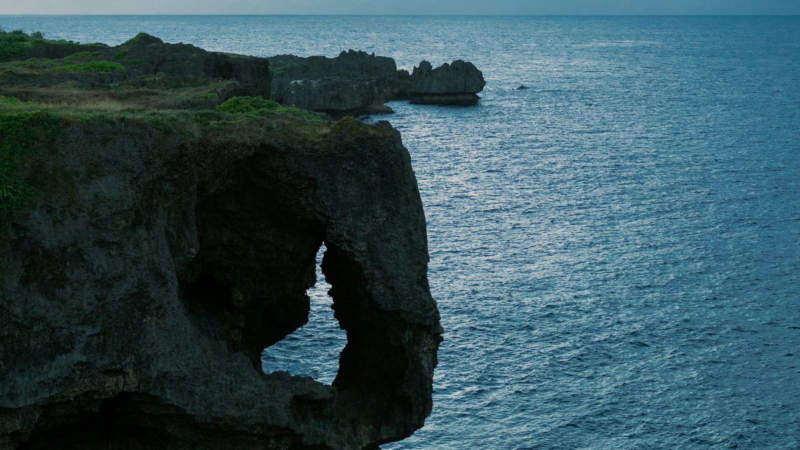 Cape Manzamo's elephant-trunk rock arch above the East China Sea at dusk, Onna, Okinawa