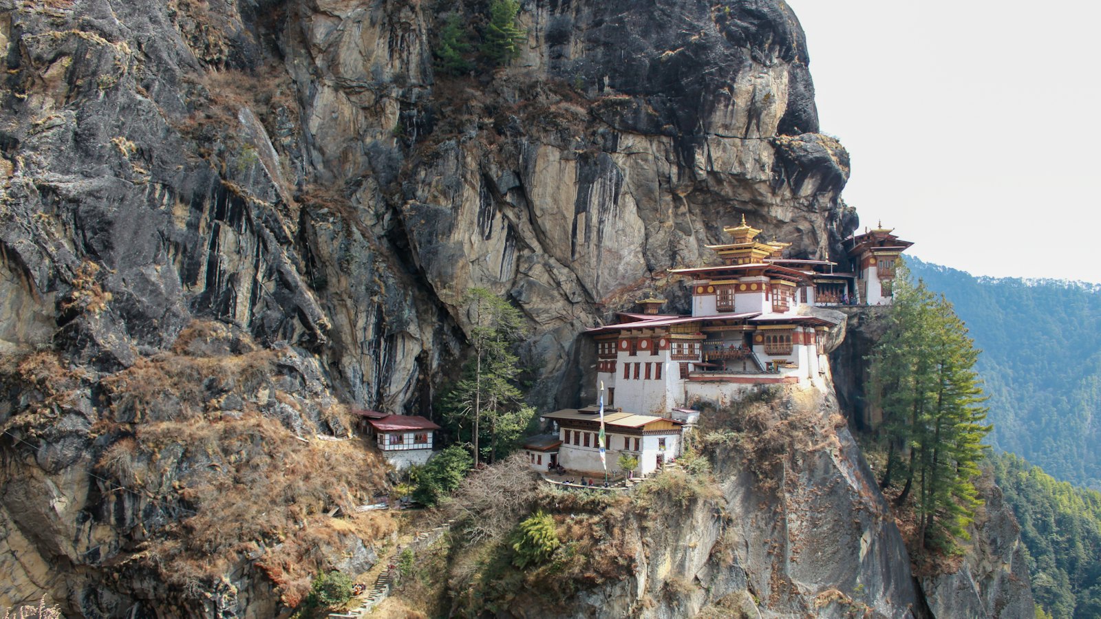 Paro Taktsang, the Tiger's Nest monastery, clinging to a sheer cliff face in Bhutan