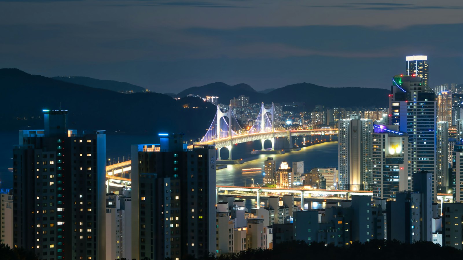 Gwangan Bridge glowing over Suyeong Bay at blue hour, seen above Busan's lit high-rises