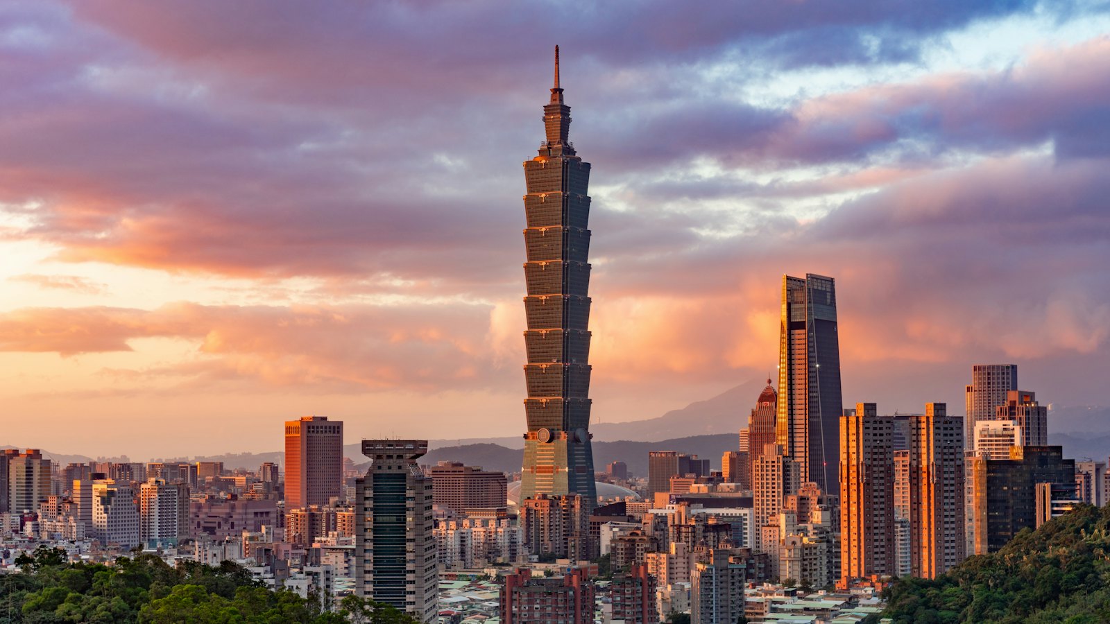 Taipei 101 and the city at sunset